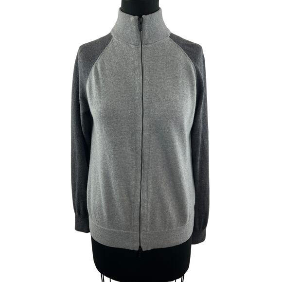 Theory Merino Wool Blend Zip Front Sweater Cardigan Gray Long Sleeve Mock Neck - Picture 1 of 10
